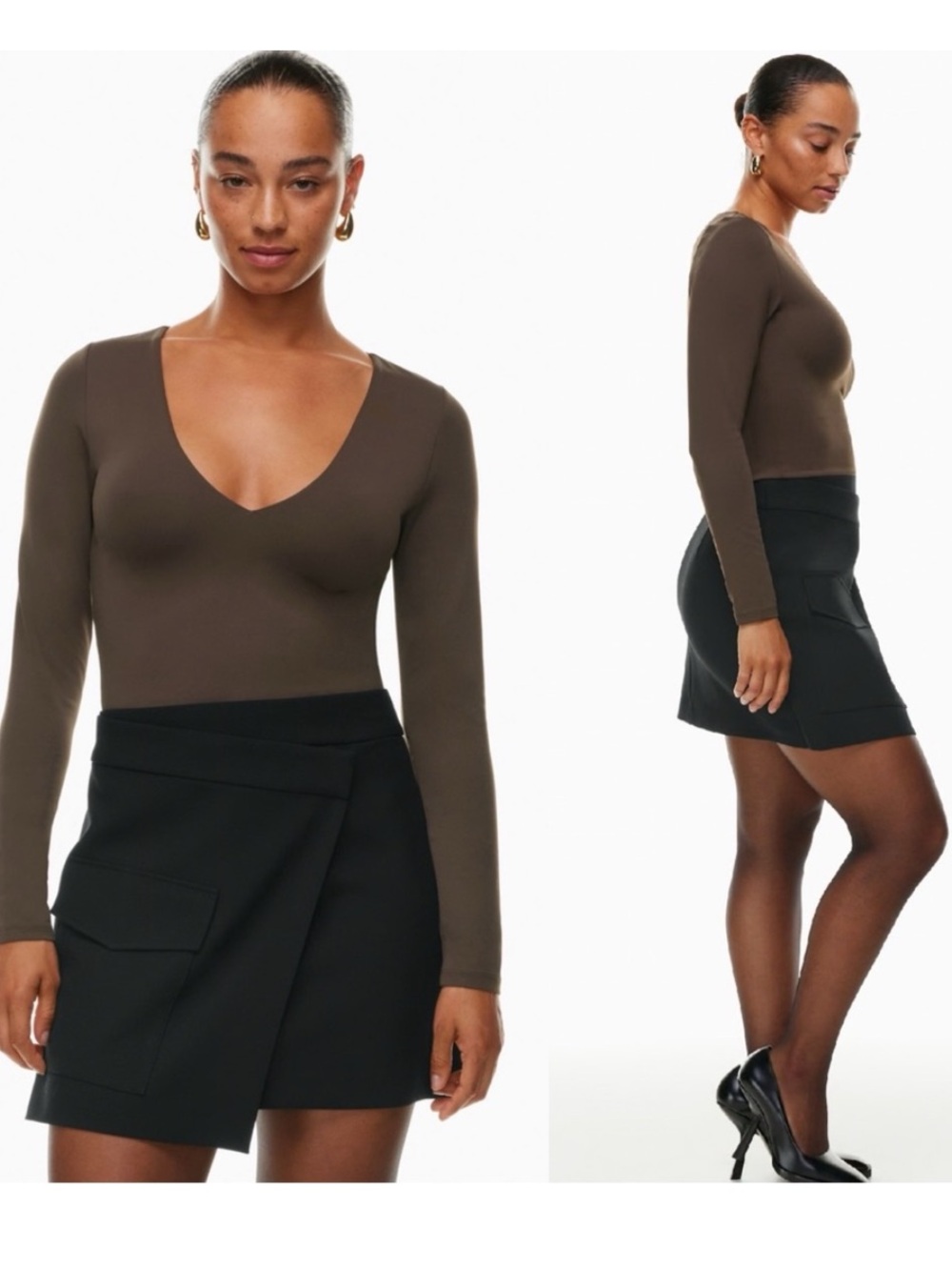 Aritzia V Neck Long Sleeve Crop Top - Brown